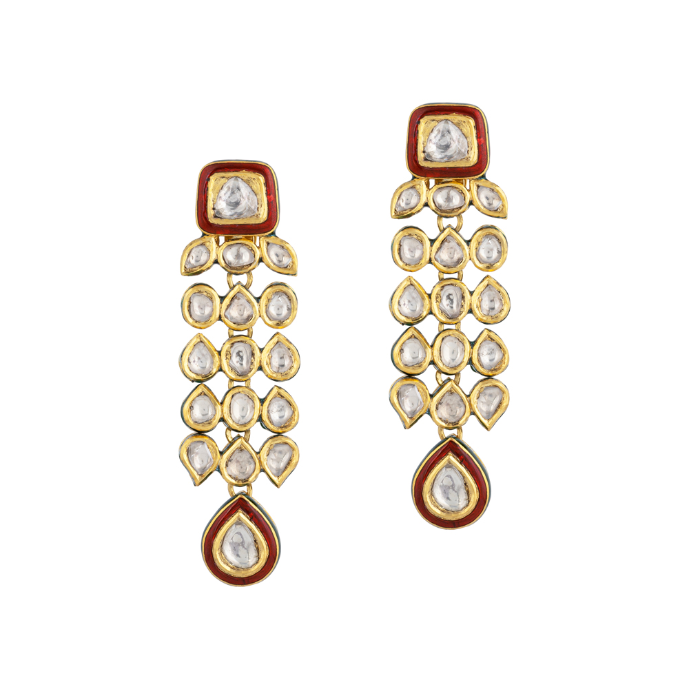 Cascading Polki Pendant with Red Enamel & Teardrop Polkis